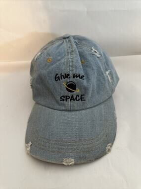 EUC “Give Me Space” Embroidered Denim Distressed Hat Cap Unisex Adjustable